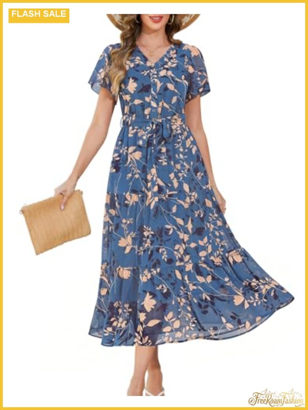 Women's Chiffon Button-Front Maxi Dress with Pockets Removable Belt